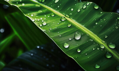 Leaves macro of wallpaper. Wet tropical plant background. For banner, postcard, book illustration.