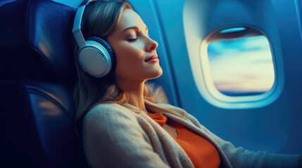 woman listening to music on a plane with headphones in first class - obrazy, fototapety, plakaty