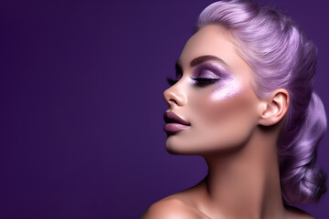 Fashion editorial Concept. Closeup portrait of stunning pretty woman with chiseled features, purple violet makeup. illuminated with dynamic composition and dramatic lighting. copy text space	
