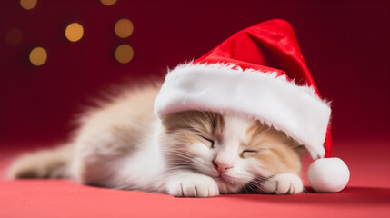 Sweet kitten wearing Santa Claus hat on background with blurry fairy lights, Christmas holiday theme - obrazy, fototapety, plakaty