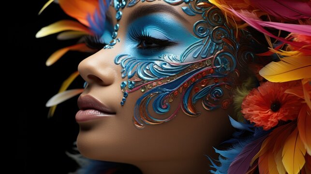 Female model applying make-up decorated with colorful paints on her face.