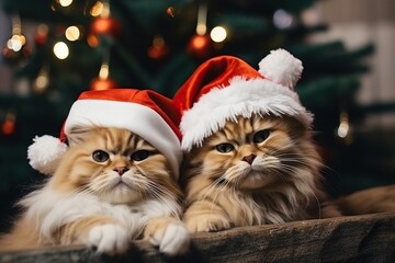 Two cats wearing Christmas santa hats. Merry Christmas and a Happy New Year.