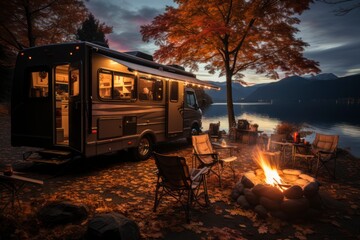 A cozy RV parked by a serene mountain lake, with a campfire burning nearby and a family of four enjoying a tranquil evening