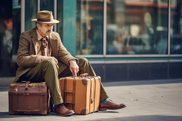 Foto op Plexiglas poor Senior old man sitting with suitcase on the city street © Salsabila Ariadina