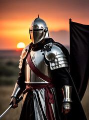 Detailed cinematic Teutonic knight battles at sunset. - 654829595