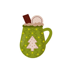 Green coffee cup with whipped cream. For poster, print, menu design, greeting card.