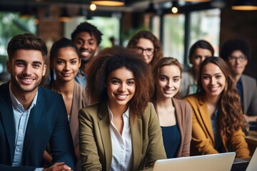 A team of professional men and women in a modern office