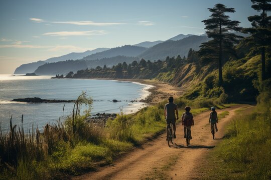 A family hiking together in a scenic mountain landscape, with children exploring the wilderness and parents leading the way © Hunman