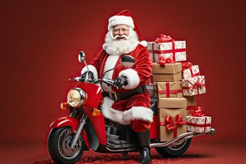 Santa Claus with white beard ride on red retro moped. Carrying gifts on a moped. Generative ai art.