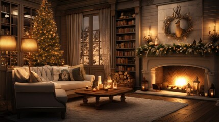 Fototapeta premium Christmas tree with fireplace, surrounded by gifts, deer figurines, candles, lanterns and festive garland.