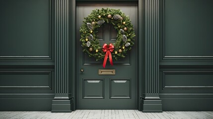 Christmas festive wreath crafted from green branches, elegantly hanging on a minimalist white door.