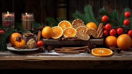 Obraz na płótnie Canvas a wooden board arranged with ripe tangerines, cinnamon sticks, and sweet candy canes on a table.