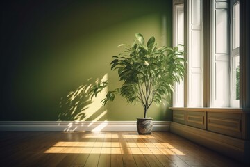 Elegant interior: sunlit green wall, tropical tree in pot, wooden parquet with baseboard accents. Generative AI