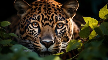 Obraz premium In the heart of an untouched rainforest, a resplendent jaguar prowls gracefully, its coat adorned with striking rosettes that seem to merge seamlessly with the dappled sunlight filtering through the d