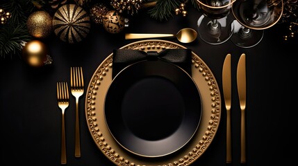 New Year and Christmas table setting, featuring black plates, sparkling champagne flutes, and gold cutlery meticulously