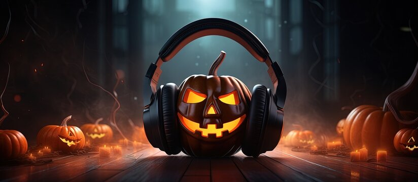 Halloween themed decorations and music concept with a pumpkin on a dj table with copyspace for text