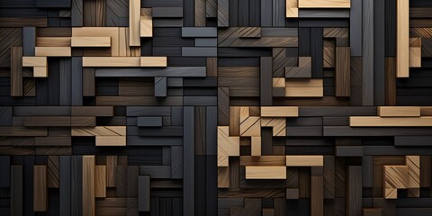 gold and black art deco wood veneer decoration, abstract background pattern with cubes