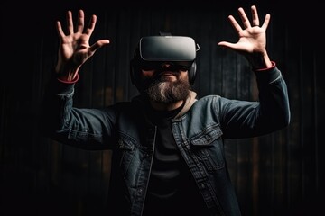 Adult man with VR headset exploring virtual reality in dark room