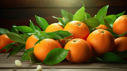 close-up of fresh and ripe tangerines with lush green leaves on a wooden table.