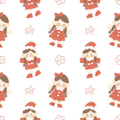 Cute kawaii cartoon  Christmas seamless pattern with little girl santa santy, doodle hand drawn watercolor  illustration.