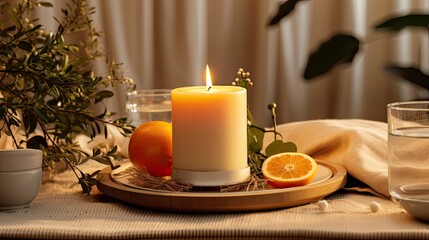 Fototapeta na wymiar decor for a family Christmas dinner with a white candle, dried orange, cone and cotton,