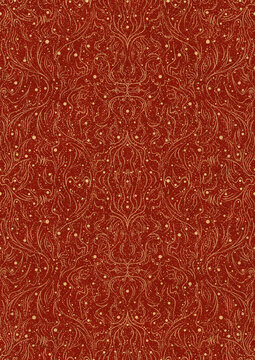 Hand-drawn unique abstract symmetrical seamless gold ornament with splatters of golden glitter on a bright red background. Paper texture. Digital artwork, A4. (pattern: p11-2d)