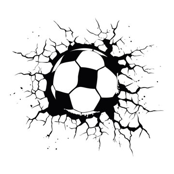 football ball hit the wall and it's cracked, Soccer ball smash the white wall with cracks hole. 