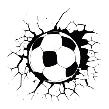 football ball hit the wall and it's cracked, Soccer ball smash the white wall with cracks hole. 