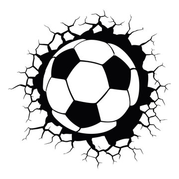 football ball hit the wall and it's cracked, Soccer ball smash the white wall with cracks hole. 