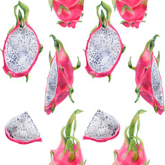 Seamless pattern with pitaya fruits, a background with hand-drawn watercolor botanical illustrations with dragon fruit fruits.