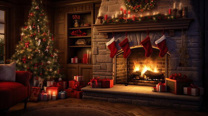 Christmas scene with a lit fireplace, Christmas tree, gift packages, candles and Befana stockings. Warm and cozy atmosphere. Christmas theme