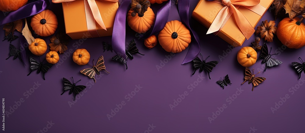 Sticker Halloween holiday theme with gift boxes pumpkins bats spiders on purple background Greeting card template with copyspace for text