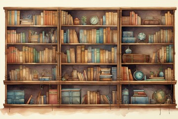 Classic bookshelf watercolor animated background. Generative AI
