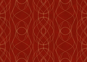 Hand-drawn unique abstract symmetrical seamless gold ornament on a bright red background. Paper texture. Digital artwork, A4. (pattern: p10-1b)