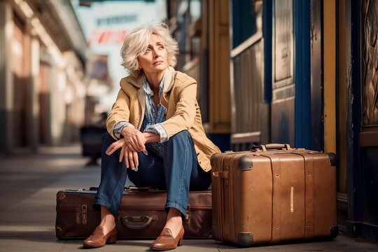 Senior woman sitting with suitcase on the city street