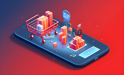 isometric phone with a shopping cart and gifts , brush rendering, 3D, super detail red background