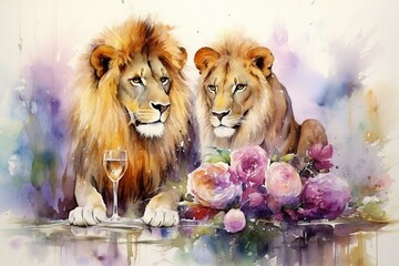 Romantic lion and lioness in watercolor painting. Generative AI - obrazy, fototapety, plakaty