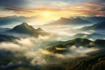 Stunning sunrise aerial view of a serene valley with a touch of fantasy. Ideal wallpaper for devices. Generative AI