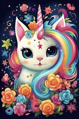 Kittycorn Magic. Adorable Cartoon Rainbow Kittycorn with Floral Elements - Perfect for Posters and Prints