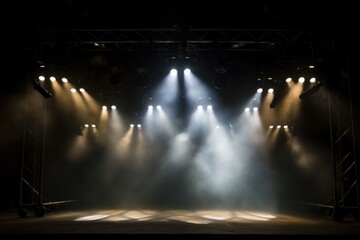 Nighttime Entertainment: Eight Divergent Spotlights Illuminate a Foggy Auditorium With Beams of Light and Smoky Atmosphere - obrazy, fototapety, plakaty