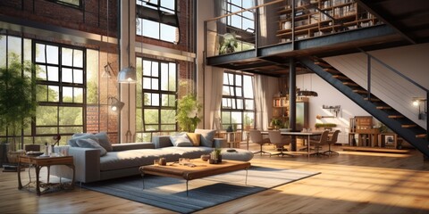 Reconstructed Luxury: Mezzanine View of Modern Living Room. Industrial Interior Rendering with Wood Floor and Loft Design - obrazy, fototapety, plakaty