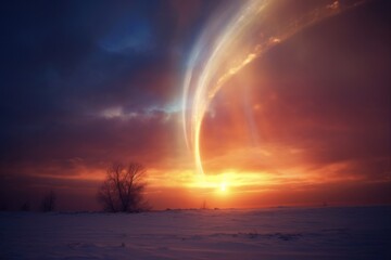 Sundog Phenomenon in Meteorology. Captivating Rainbow Colours with Flames and Light in Night Sky