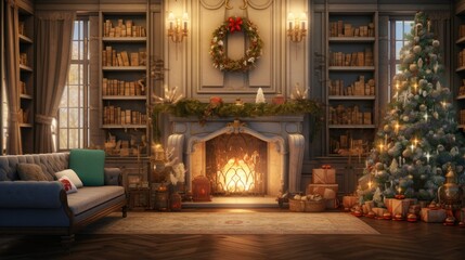 Christmas tree with fireplace, surrounded by gifts, deer figurines, candles, lanterns and festive garland.