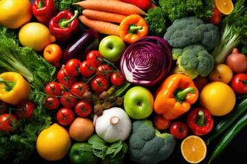 Different colorful fruits and vegetables all over the table.