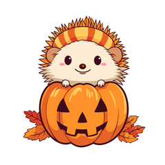 Vector clipart, cute hedgehog sit on a pumpkin vector clipart, fall autumn halloween drawing