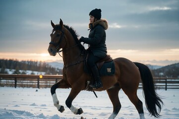 Obraz premium woman riding horse in winter snow 