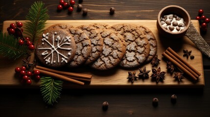 on a wooden background, close-up of ginger chocolate Christmas cookies artfully arranged on a board.