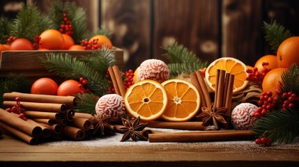 Obraz na płótnie Canvas a wooden board arranged with ripe tangerines, cinnamon sticks, and sweet candy canes on a table.