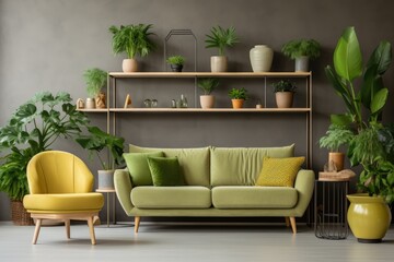 Cozy Living Room with Greenery and Stylish Furniture.modern, simple and elegant furniture.