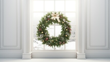 Fototapeta na wymiar Christmas festive wreath crafted from green branches, elegantly hanging on a minimalist white door.